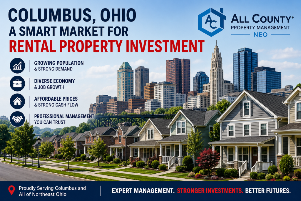 Investment properties in Columbus Ohio with residential homes and city skyline showing strong rental market growth