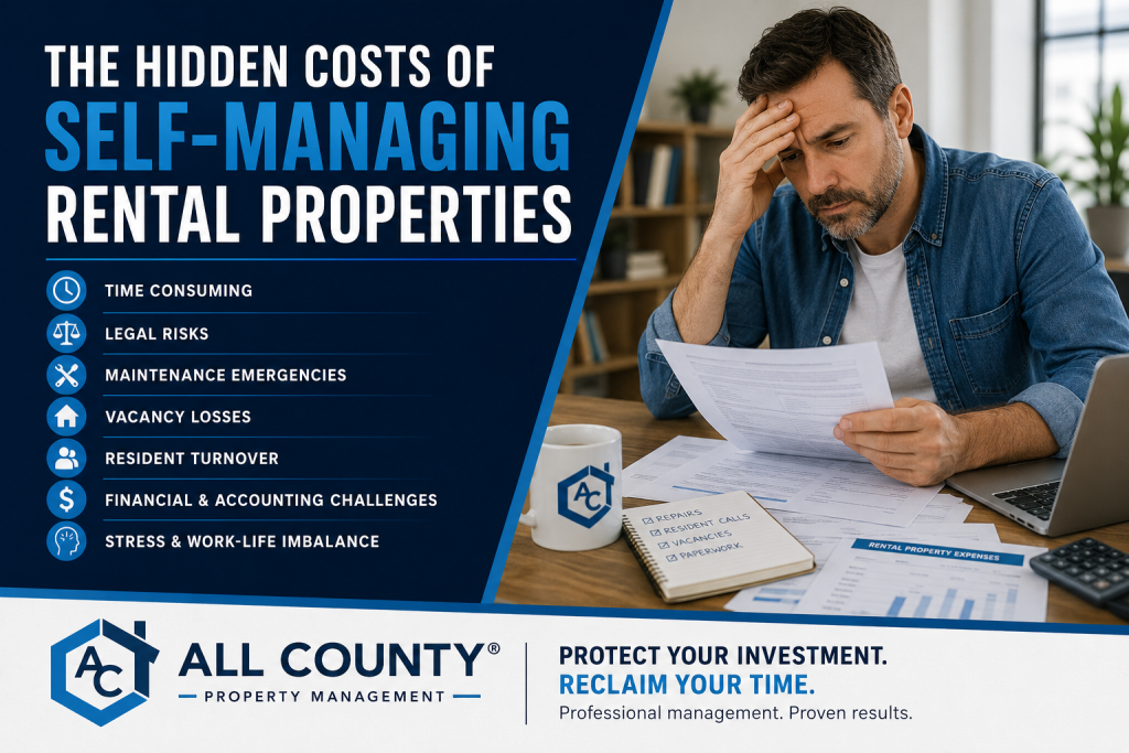 Property owner stressed while managing rental property paperwork and maintenance issues with All CountyÂ® branding