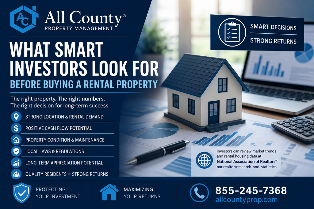 Investor reviewing rental property financial reports with All CountyÂ® branding
