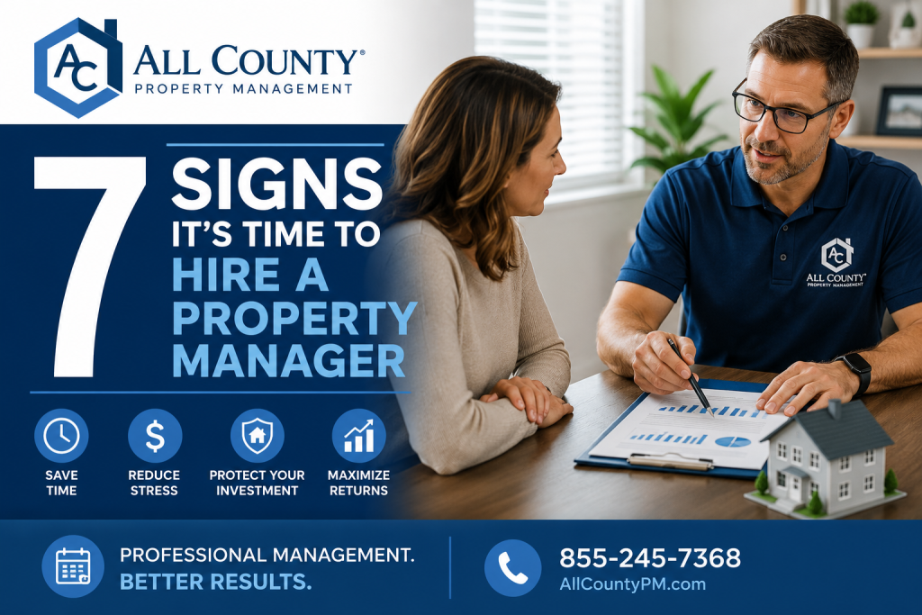 Property owner reviewing rental property performance with an All CountyÂ® property management professional.