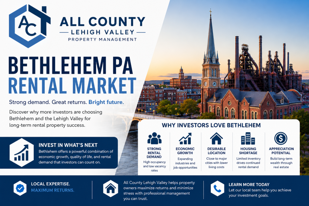 Bethlehem PA rental market skyline featuring historic downtown Bethlehem and SteelStacks with All County Lehigh Valley Property Management highlighting rental property investment opportunities in the Lehigh Valley.
