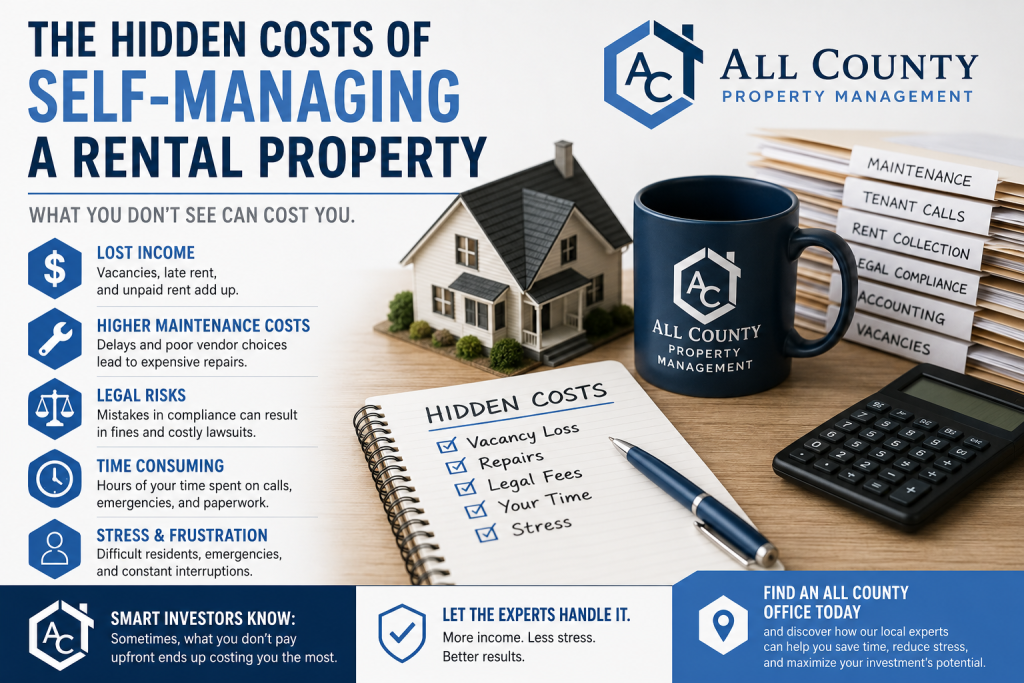 the hidden costs of self-managing a rental property, including vacancy loss, maintenance expenses, legal risks, time commitments, and stress, alongside All County Property Management's professional solutions for rental property owners.
