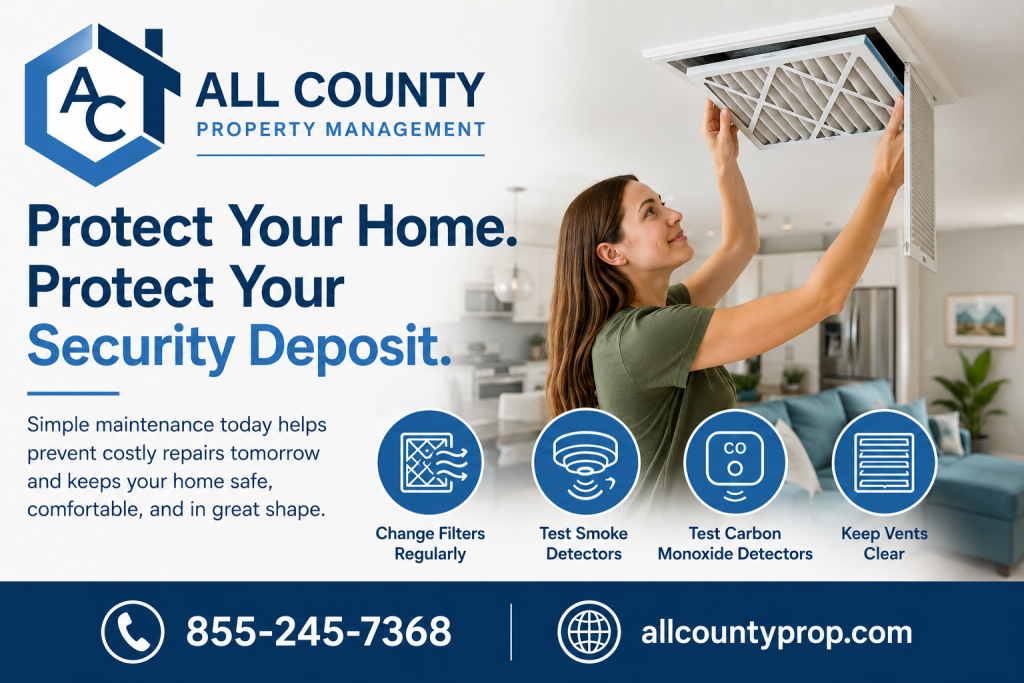 Resident changing HVAC air filter in rental home while following maintenance tips to protect security deposit and improve home safety.