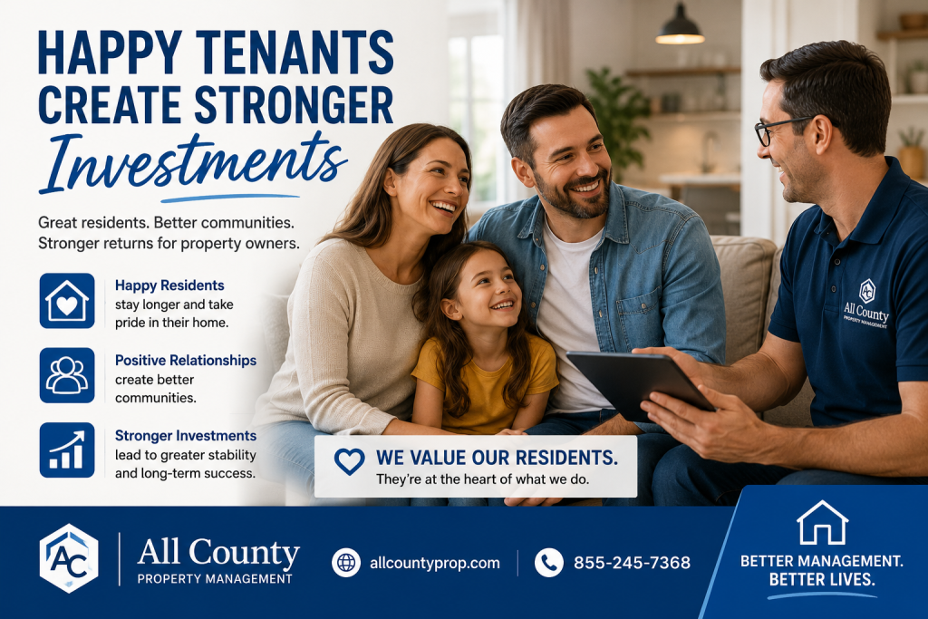 Happy residents enjoying their rental home while building a positive relationship with All County Property Management.