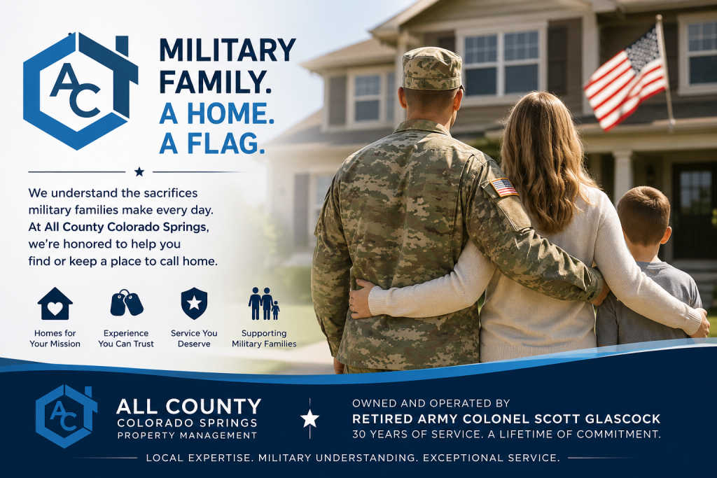 Military family standing outside a Colorado Springs rental home with American flag and All County Colorado Springs logo
