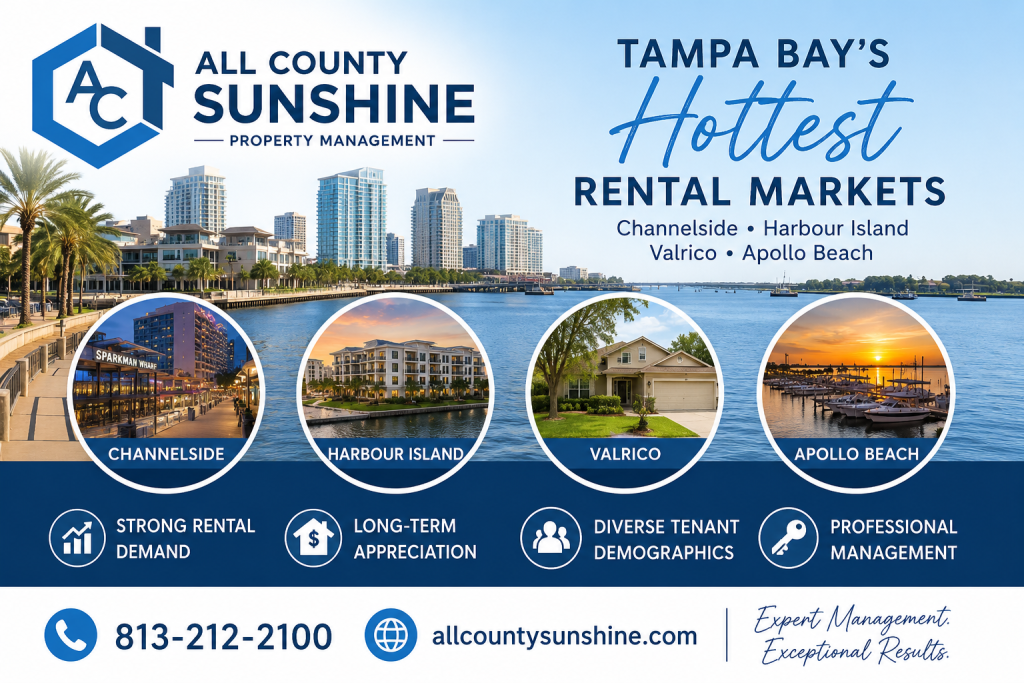 Skyline views and waterfront neighborhoods in Channelside, Harbour Island, Valrico, and Apollo Beach highlight Tampa Bay's top rental property investment opportunities.