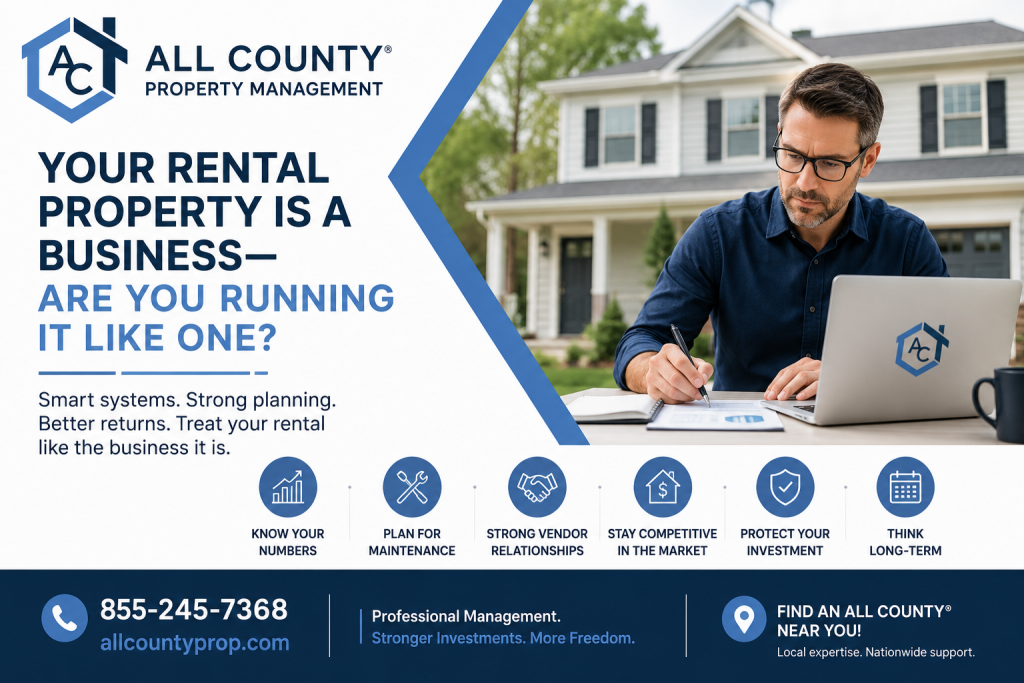 Property owner managing rental property finances in front of a home with All County Property Management branding.