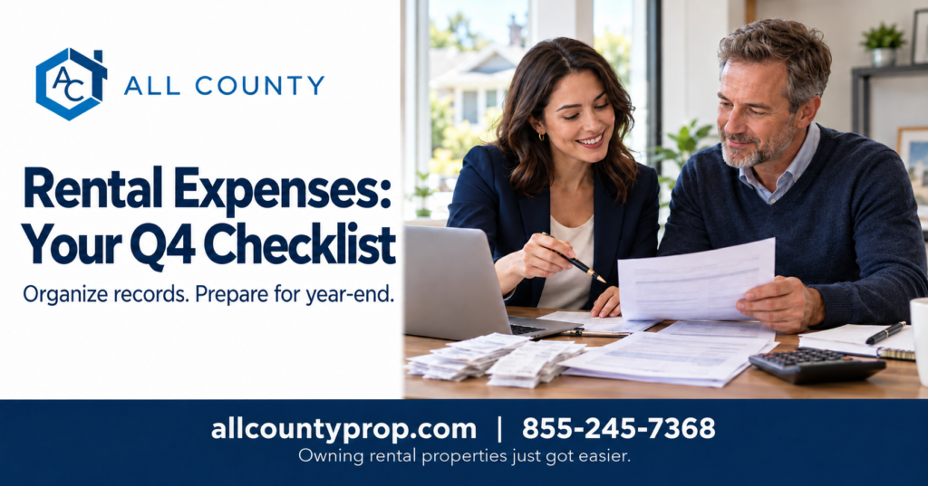 ll County property manager and rental owner reviewing rental property expenses and year-end accounting records.