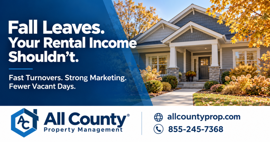 Rental home with autumn landscaping and All County Property Management branding.